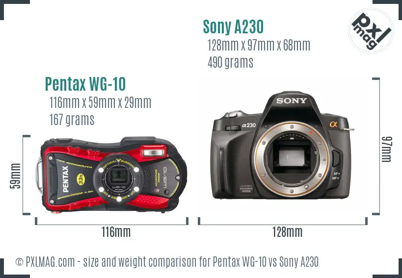Pentax WG-10 vs Sony A230 size comparison