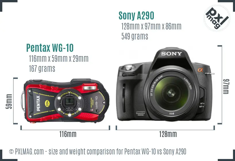 Pentax WG-10 vs Sony A290 size comparison