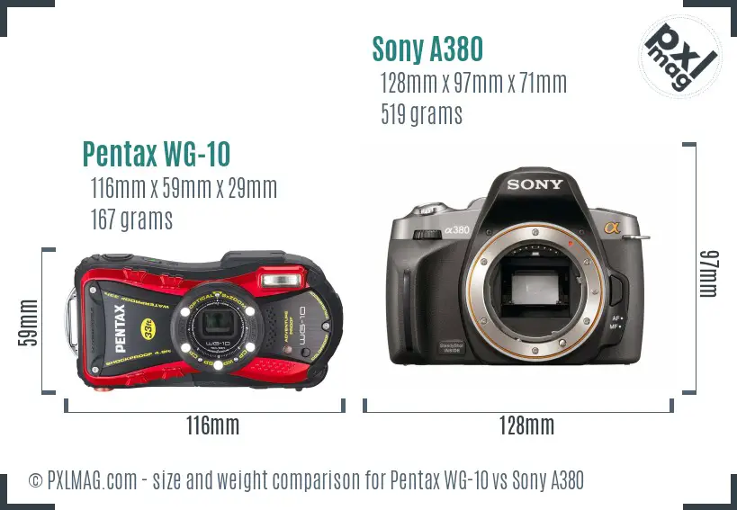Pentax WG-10 vs Sony A380 size comparison