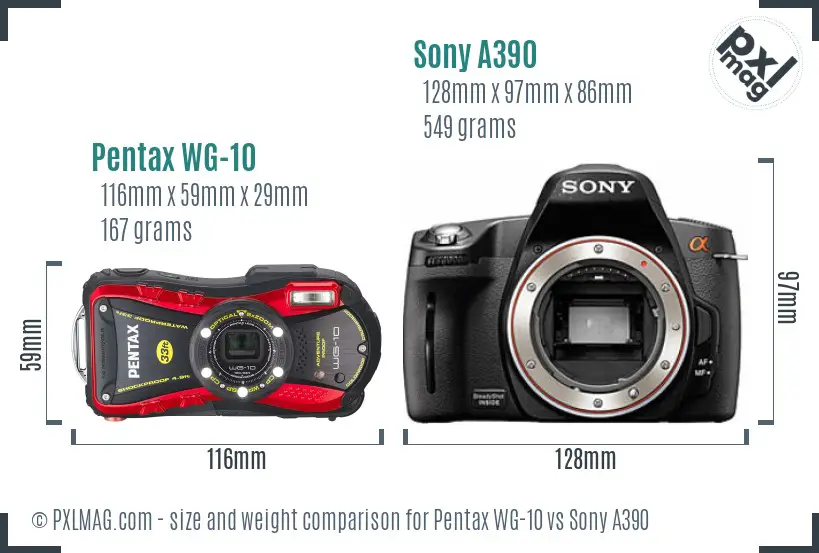 Pentax WG-10 vs Sony A390 size comparison