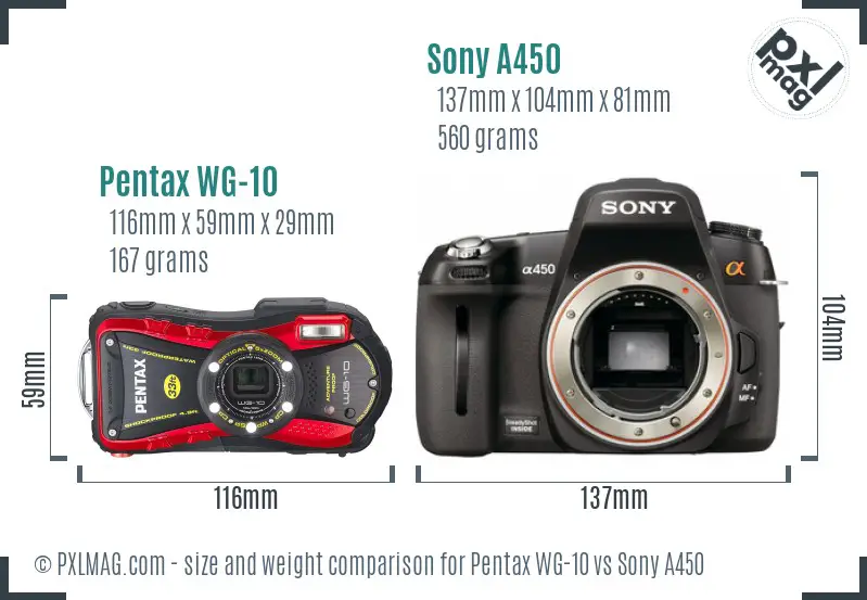 Pentax WG-10 vs Sony A450 size comparison