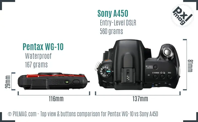 Pentax WG-10 vs Sony A450 top view buttons comparison