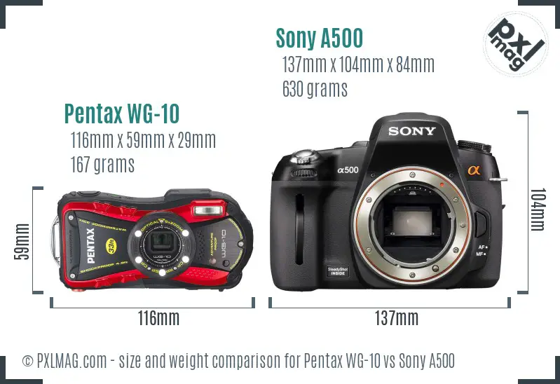 Pentax WG-10 vs Sony A500 size comparison