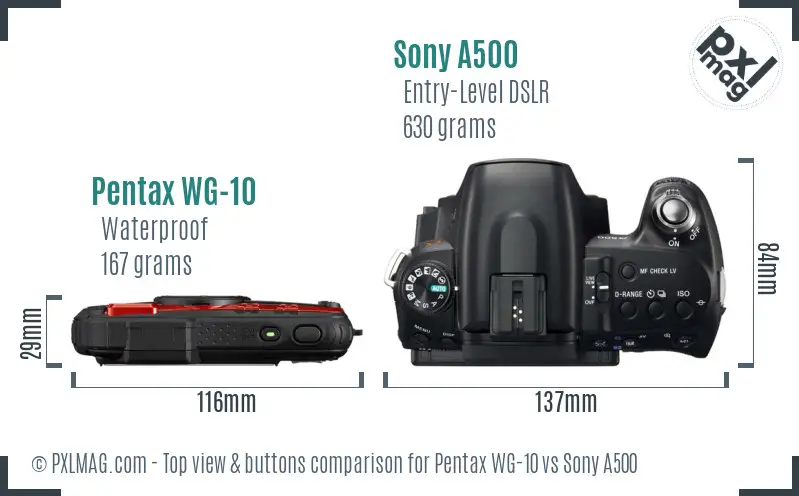 Pentax WG-10 vs Sony A500 top view buttons comparison