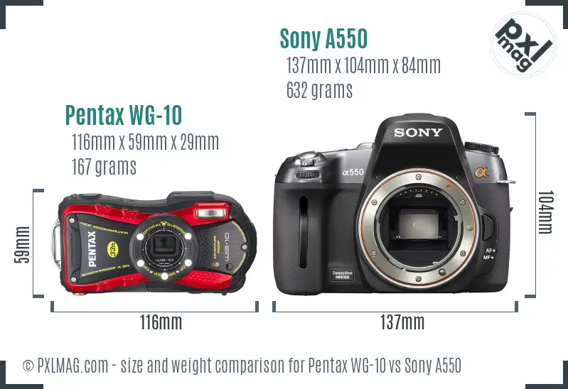 Pentax WG-10 vs Sony A550 size comparison