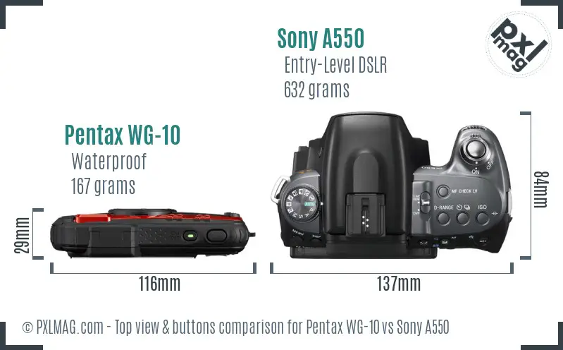 Pentax WG-10 vs Sony A550 top view buttons comparison