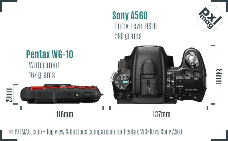 Pentax WG-10 vs Sony A560 top view buttons comparison