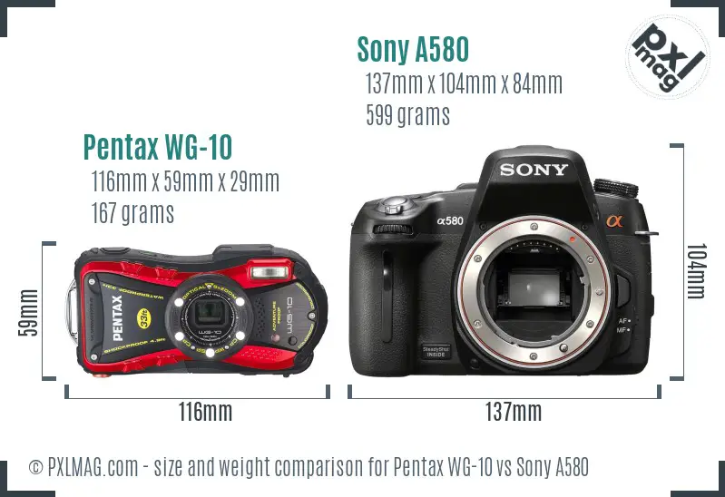 Pentax WG-10 vs Sony A580 size comparison