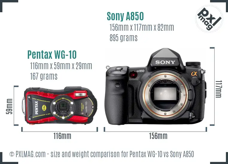 Pentax WG-10 vs Sony A850 size comparison