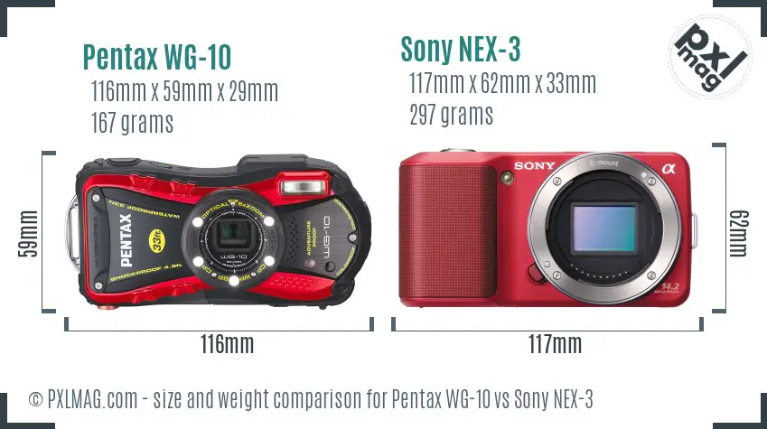 Pentax WG-10 vs Sony NEX-3 size comparison