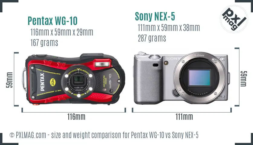 Pentax WG-10 vs Sony NEX-5 size comparison