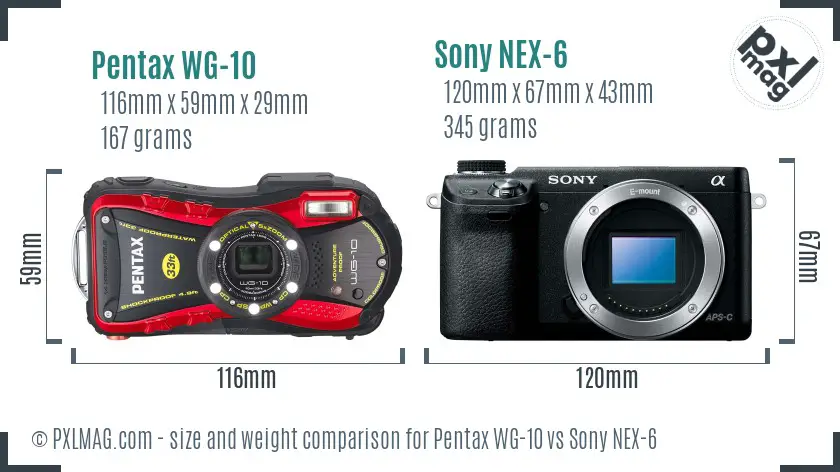 Pentax WG-10 vs Sony NEX-6 size comparison