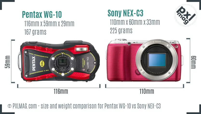 Pentax WG-10 vs Sony NEX-C3 size comparison