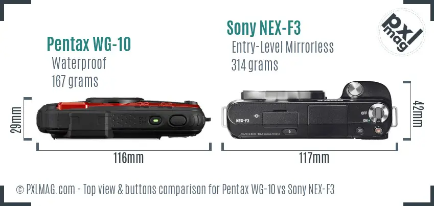 Pentax WG-10 vs Sony NEX-F3 top view buttons comparison