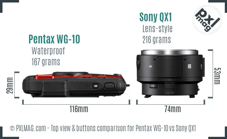 Pentax WG-10 vs Sony QX1 top view buttons comparison