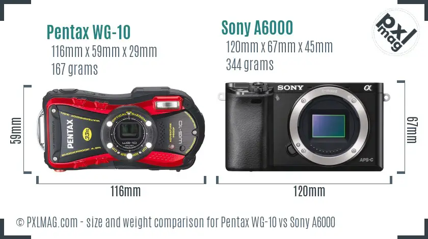 Pentax WG-10 vs Sony A6000 size comparison