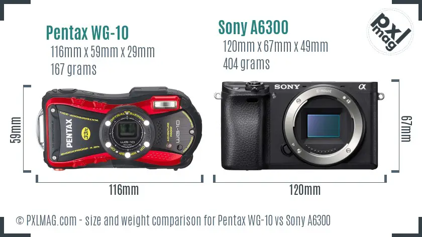 Pentax WG-10 vs Sony A6300 size comparison