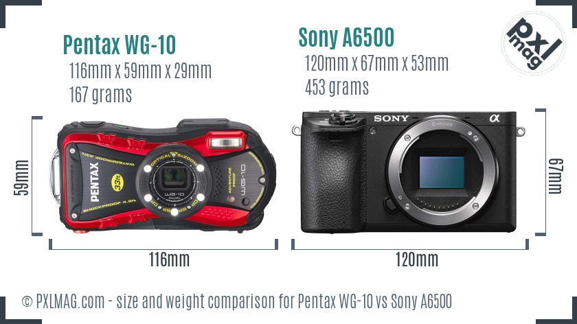 Pentax WG-10 vs Sony A6500 size comparison