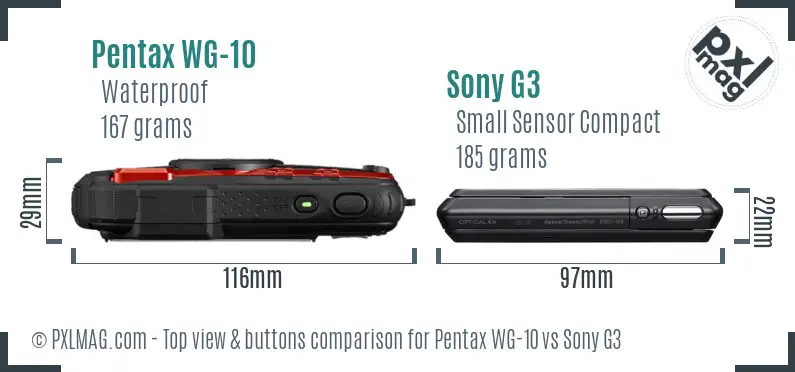 Pentax WG-10 vs Sony G3 top view buttons comparison Pentax WG-10 vs Sony G3 top view buttons comparison