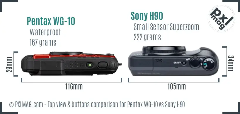 Pentax WG-10 vs Sony H90 top view buttons comparison Pentax WG-10 vs Sony H90 top view buttons comparison