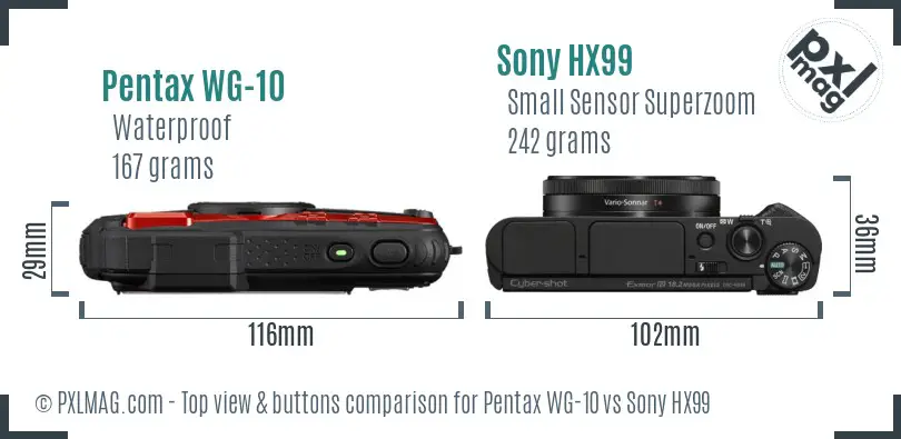 Pentax WG-10 vs Sony HX99 top view buttons comparison Pentax WG-10 vs Sony HX99 top view buttons comparison
