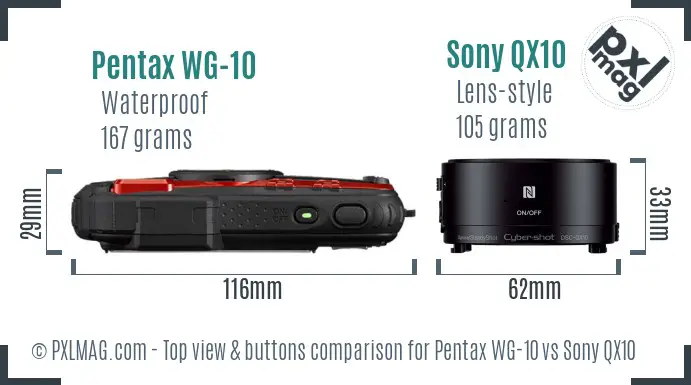 Pentax WG-10 vs Sony QX10 top view buttons comparison