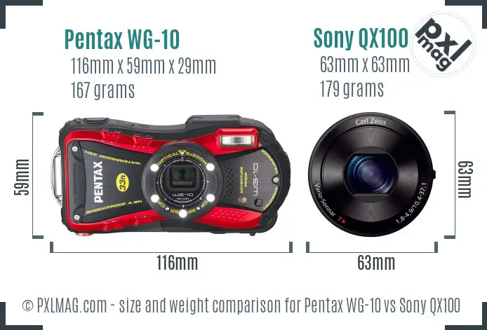 Pentax WG-10 vs Sony QX100 size comparison