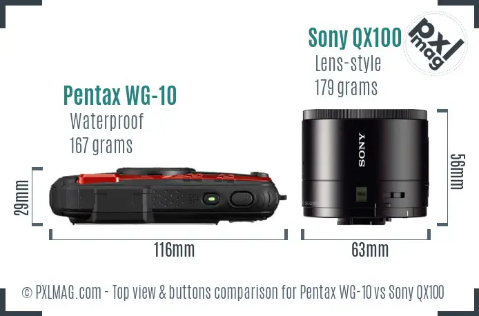 Pentax WG-10 vs Sony QX100 top view buttons comparison