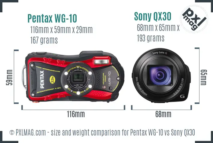 Pentax WG-10 vs Sony QX30 size comparison