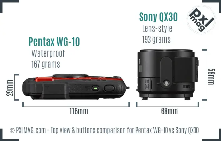 Pentax WG-10 vs Sony QX30 top view buttons comparison