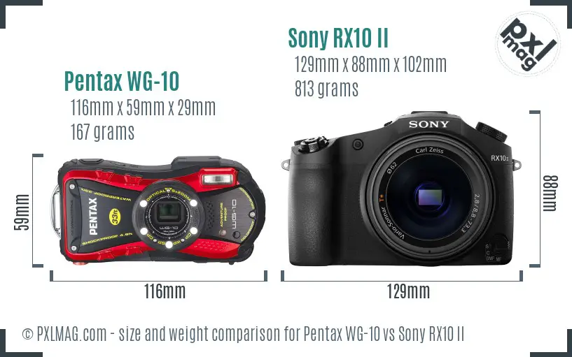 Pentax WG-10 vs Sony RX10 II size comparison