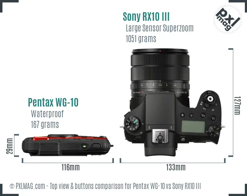 Pentax WG-10 vs Sony RX10 III top view buttons comparison