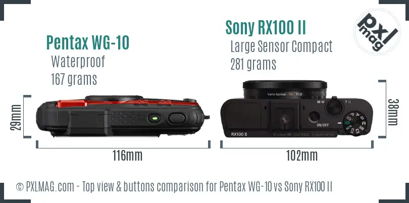 Pentax WG-10 vs Sony RX100 II top view buttons comparison