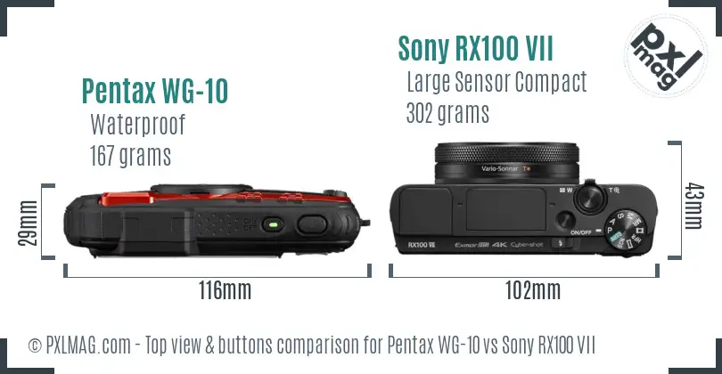 Pentax WG-10 vs Sony RX100 VII top view buttons comparison