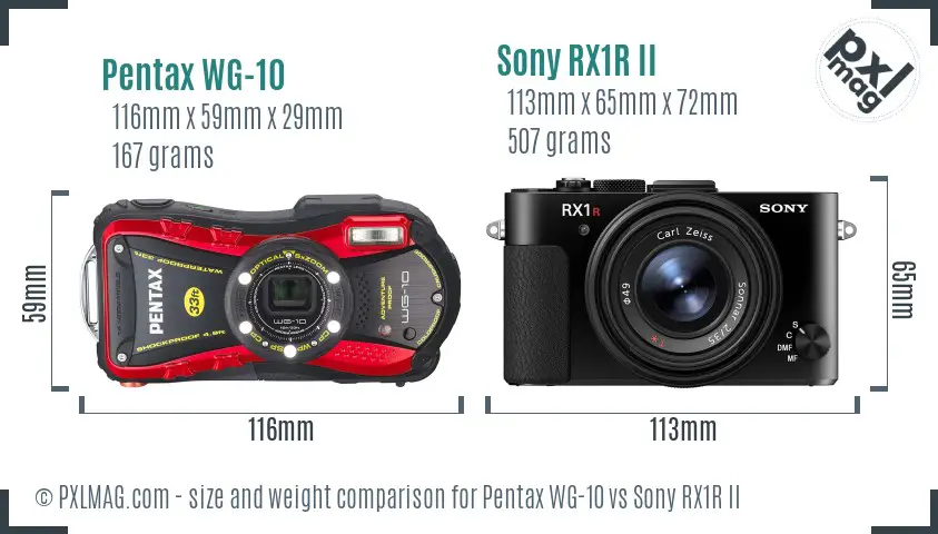 Pentax WG-10 vs Sony RX1R II size comparison