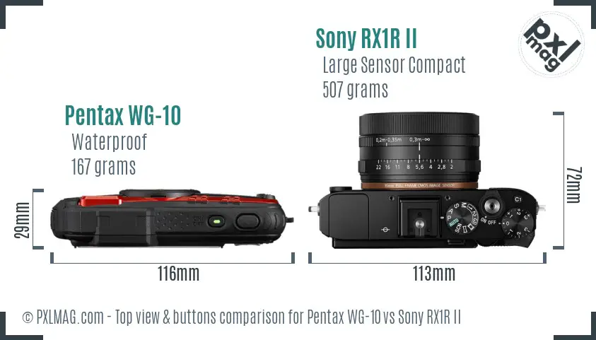 Pentax WG-10 vs Sony RX1R II top view buttons comparison