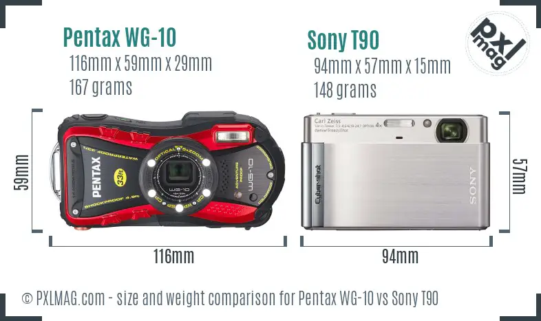 Pentax WG-10 vs Sony T90 size comparison