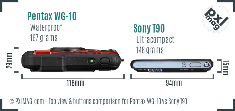 Pentax WG-10 vs Sony T90 top view buttons comparison