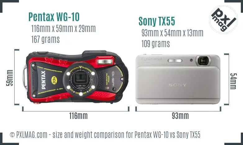 Pentax WG-10 vs Sony TX55 size comparison