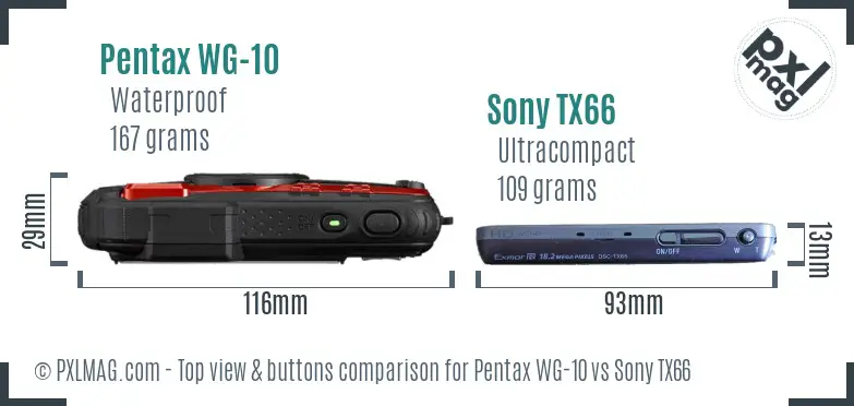 Pentax WG-10 vs Sony TX66 top view buttons comparison