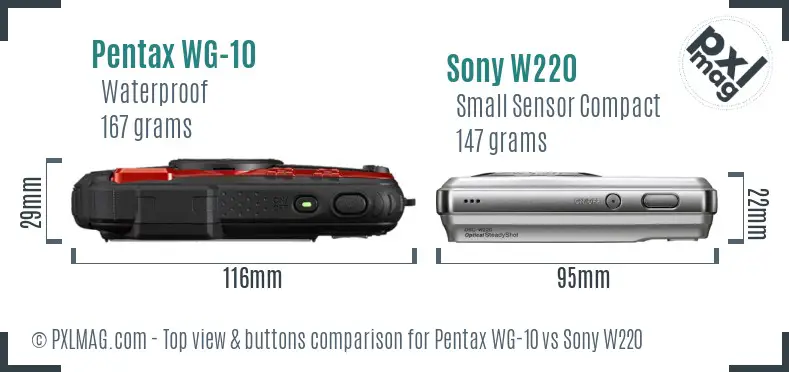 Pentax WG-10 vs Sony W220 top view buttons comparison