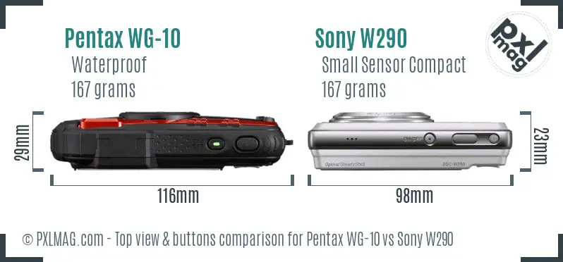 Pentax WG-10 vs Sony W290 top view buttons comparison