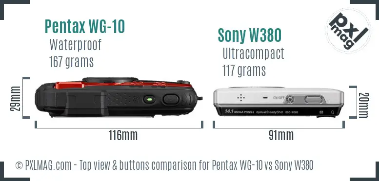 Pentax WG-10 vs Sony W380 top view buttons comparison