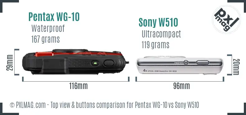 Pentax WG-10 vs Sony W510 top view buttons comparison