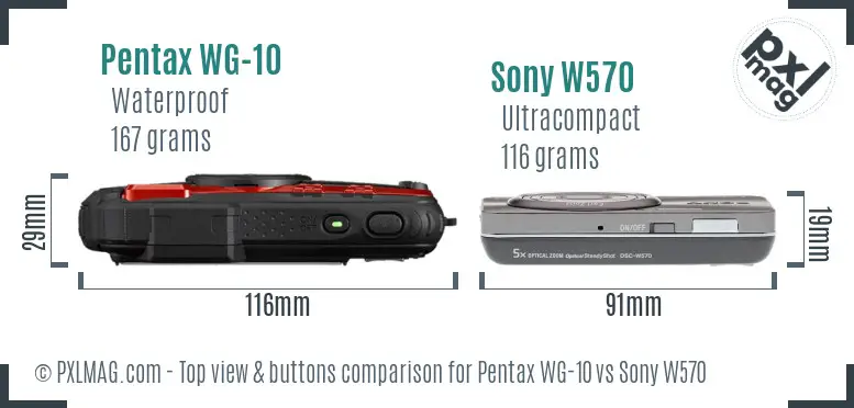 Pentax WG-10 vs Sony W570 top view buttons comparison