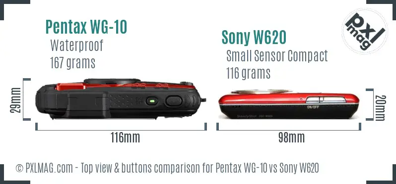 Pentax WG-10 vs Sony W620 top view buttons comparison