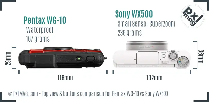 Pentax WG-10 vs Sony WX500 top view buttons comparison