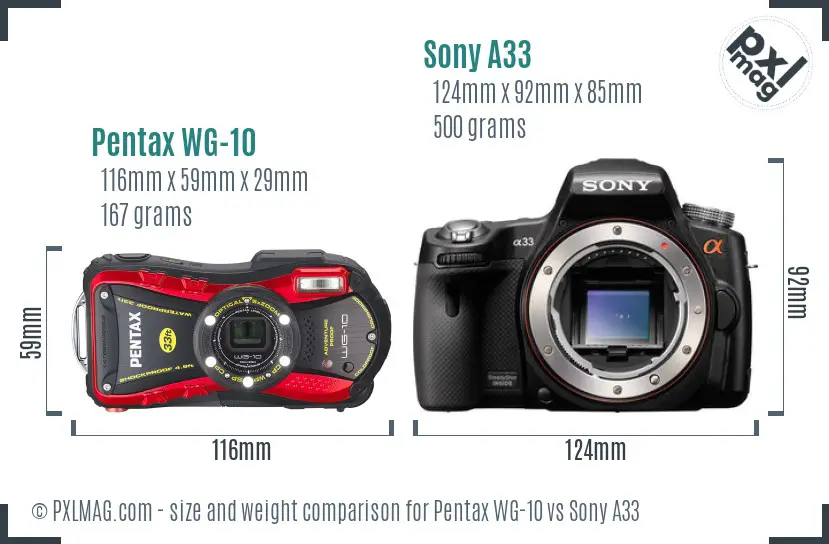 Pentax WG-10 vs Sony A33 size comparison