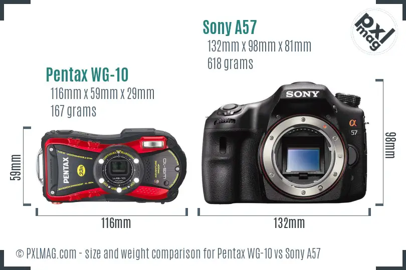 Pentax WG-10 vs Sony A57 size comparison