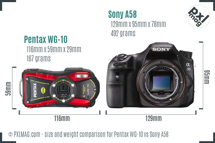 Pentax WG-10 vs Sony A58 size comparison